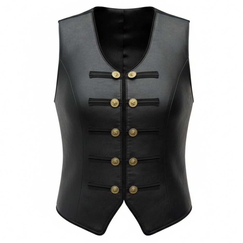 Margaret Godfrey Leather Vest Womens 2P Black Military Gold Lion Button Vintage